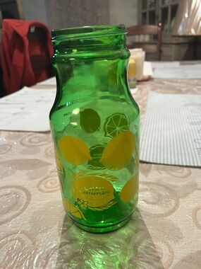 Vintage 1970’s Anchor Hocking Green Glass Lemon-aid glass Carafe Jar Bottle